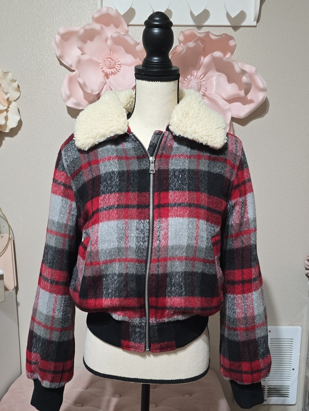 wild fable Red, Black & Gray Plaid Bomber Jacket with Sherpa Collar